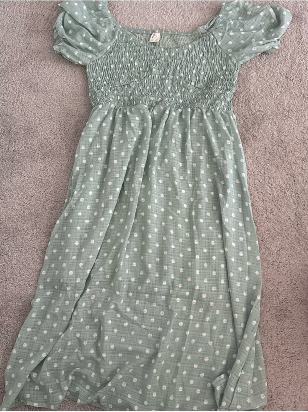 PatPat Sage Green Polka Dot Smocked Puff Sleeve Dress